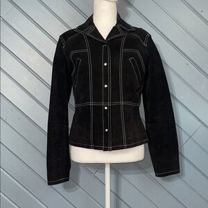 Wilsons Leather Black Women's Snap Button Jacket with White Stitching